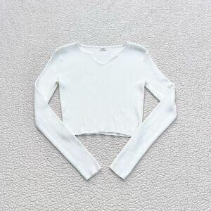 Brandy Melville Paige White Notched Long Sleeve Shirt NWOT
